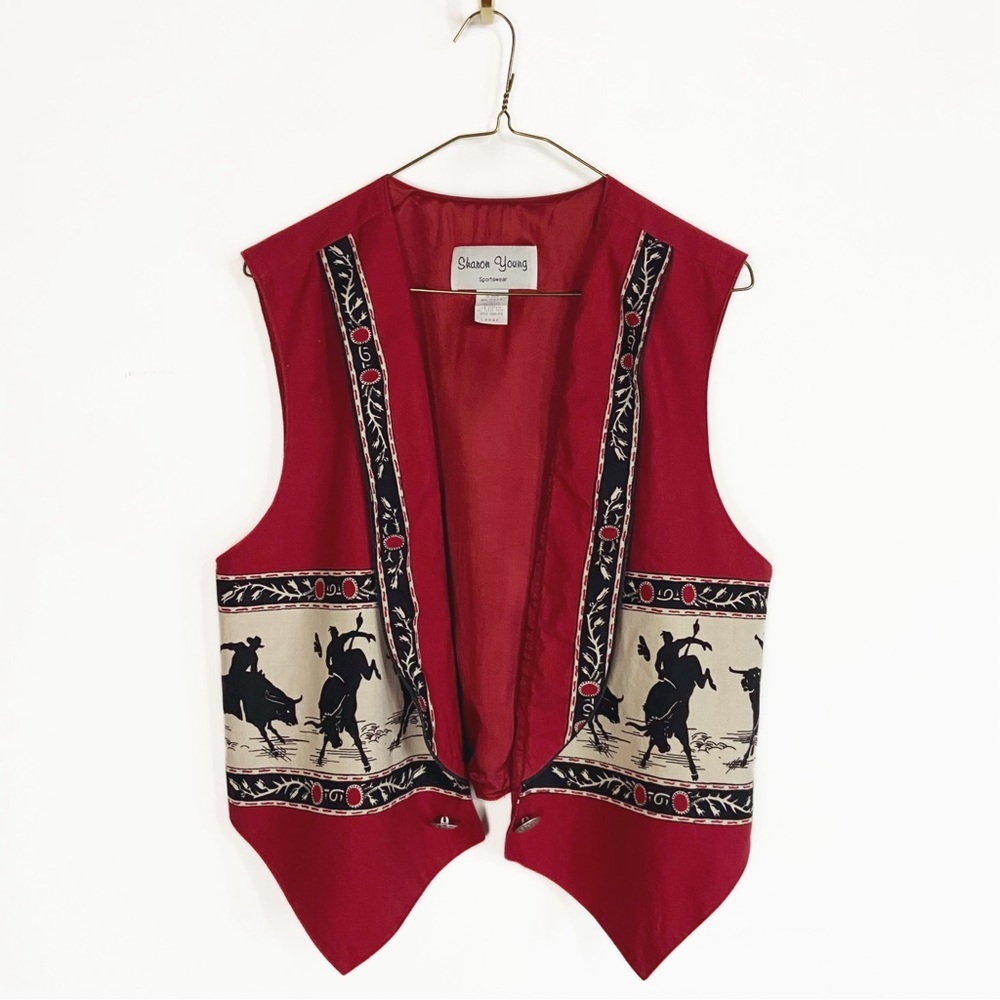 Sharon Young Womens Western Vest with Horses Red Black and Cream Cowboy size L